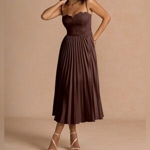 Azazie Chocolate Brown Pleated Midi Dress